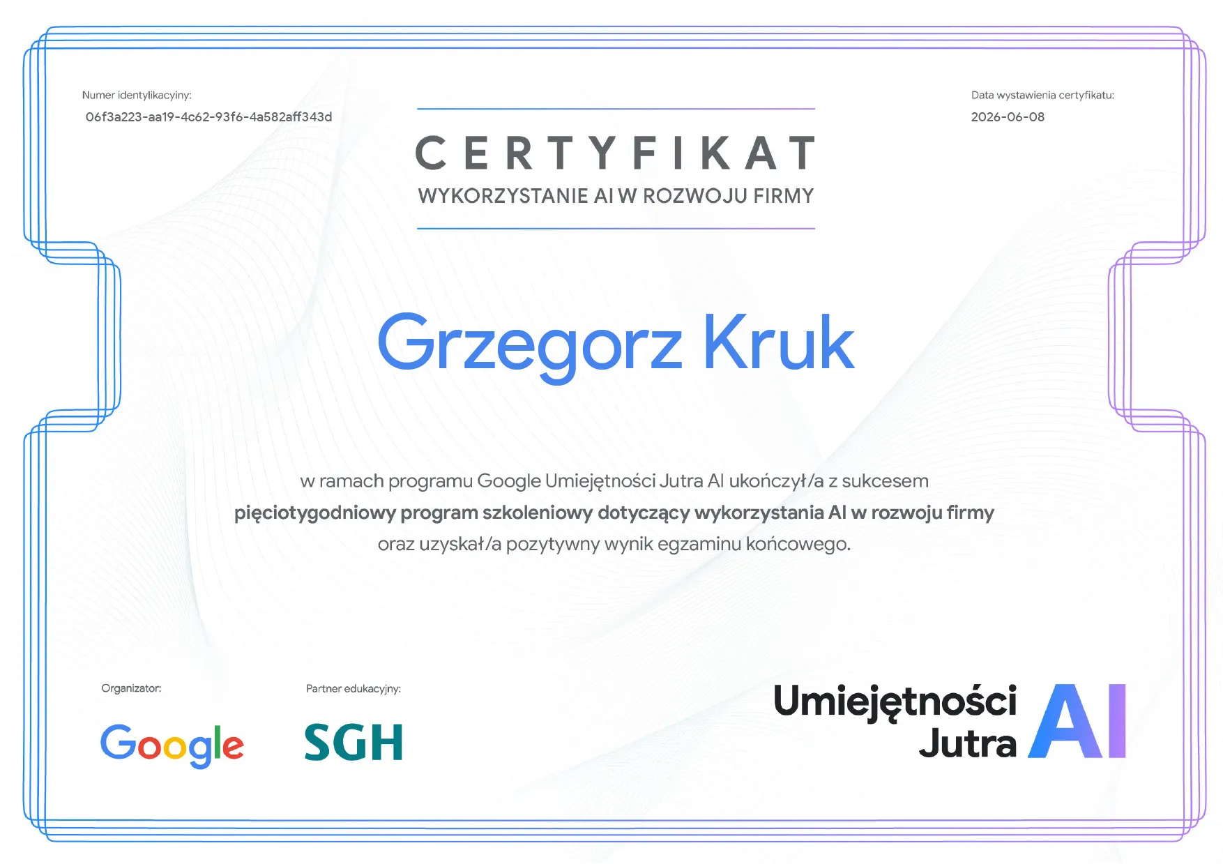 Certyfikat Google Umiejętności Jutra AI